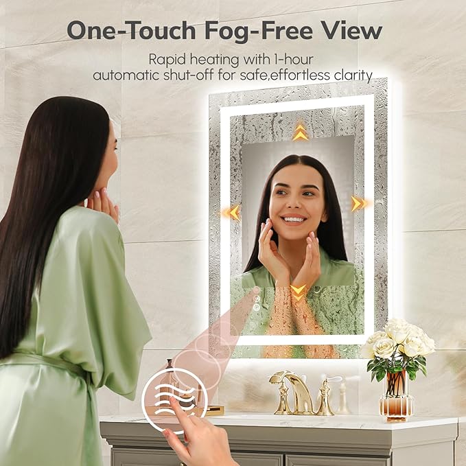 USHOWER LED Bathroom Mirror 24x32 Inch with Lights - Frameless Tempered Glass LED Backlit Lighted Mirror for Bathroom Vanity with Anti-Fog, 3 Colors Dimmable, Memory Function, Wall-Mounted
