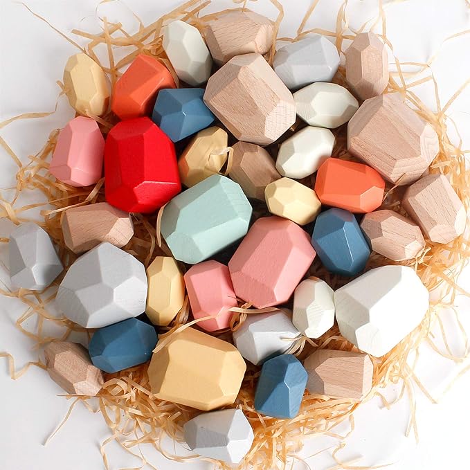 BESTAMTOY 36 PCS Wooden Sorting Stacking Rocks Stones,Sensory Toddler Toys Learning Montessori Toys, Building Blocks Game for Kids 3 4 5 6 Years Boy and Girl Birthday Gifts for Kids