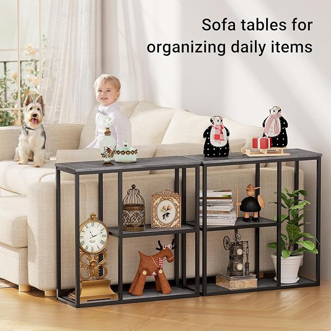 WOHOMO Console Table, 12 Inch Narrow Entryway Table with 3-Tier Storage Shelves 31.5 Inch Industrial Sofa Table Small Hallway Table for Living Room Grey