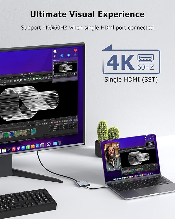 Dual HDMI Adapter for 2 Monitors Extended Display 1 in 2 Out, USB C to HDMI Splitter for Laptop MacBook Pro/Air, Support 4K@30Hz Double Monitors or 4K@60Hz Single Monitor
