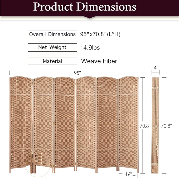 Rose Home Fashion 6 ft Tall Room Divider, Room Dividers and Folding Privacy Screens, 15.7in Privacy Screen 6 Panel Partition Temporary Wall Separation for Private, Natural