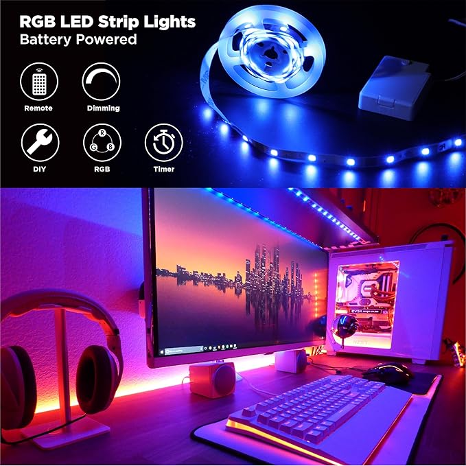 Battery Powered LED Strip Lights with Timer, 6.56 ft RGB DIY Lights with Remote Control for Bedroom, TV, Party, Piano, Cabinet, Decor, Indoor Use