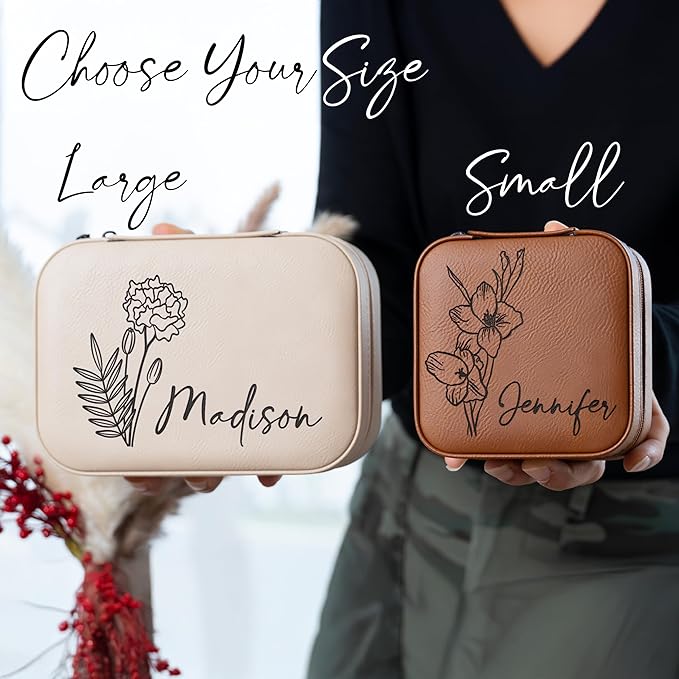 Custom Leather Jewelry Box w/Name & Birth Flower Month - Birthday Gifts for Women, Personalized Jewelry Travel Case - Customized Jewelry Organizer Box, Mom Birthday Gifts - Rustic