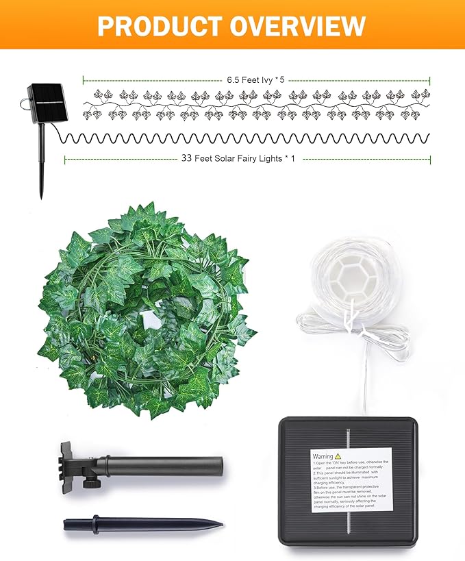 Solar Fairy Lights Outdoor, 33Ft Solar String Lights with Ivy, Plant Vine for Camping Outside Garden Yard Fence Wall