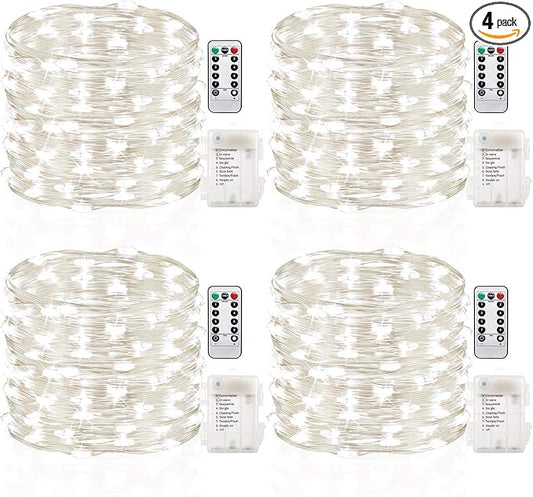 GDEALER 4 Pack Fairy Lights Christmas Decor 16.4 Ft 50 Led Battery Operated with Remote Waterproof 8 Modes Twinkle Firefly String Lights for Party Bedroom Wedding Decorations - White