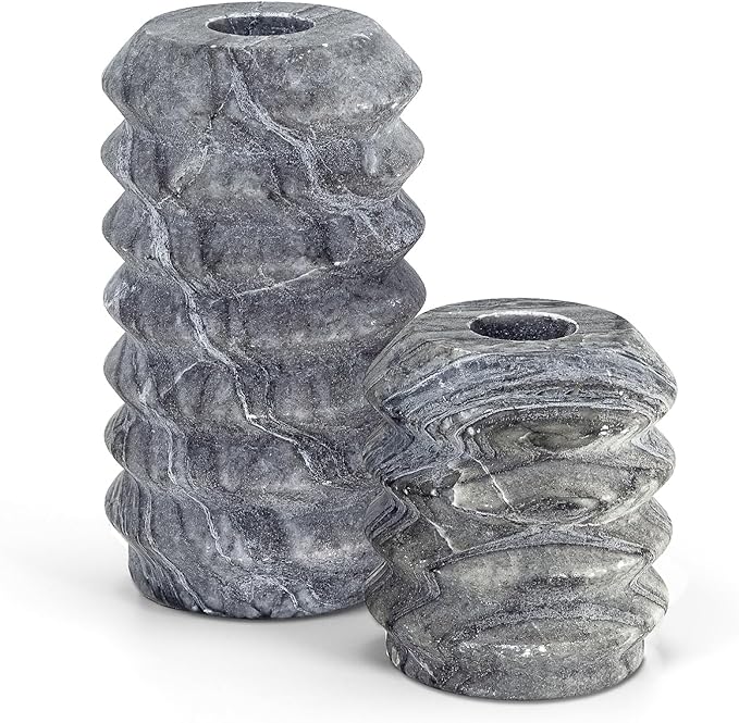 WORHE Candle Holders Italy True Natural Travertine Stone 0.4" Thick Set of 2 Marble Candlestick Holder for Christmas Wedding Dinning Party Candle Stand for 3/4 inch Candles Color Black (ZT001)