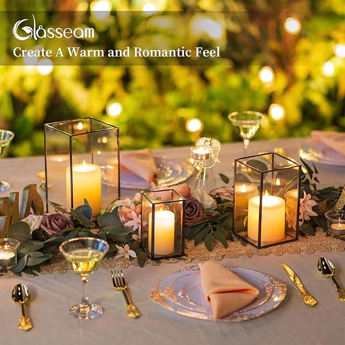 Glasseam Hurricane Glass Candle Holder, Black Candle Holders Set of 3, Square Metal Modern Candle Holder, Modern Large Candle Holders for Table Centerpiece Wedding Christmas Decorative