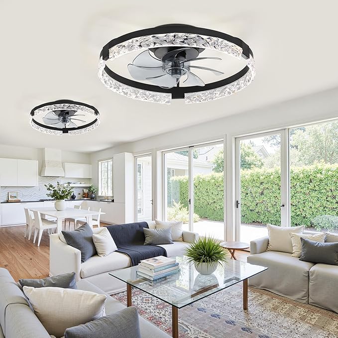 LEDIARY 2 Pack 20 Inch Low Profile Ceiling Fan with Lights and Remote, Dimmable Fandelier Ceiling Fans, Black Modern Flush Mount Ceiling Fan with 3 Color Temperature Change and 6 Speeds