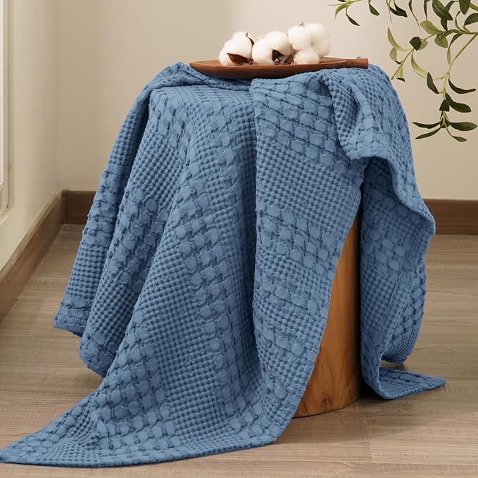PHF 100% Cotton Waffle Weave Throw Blanket, Soft Lightweight Breathable Cozy Throws for Couch Bed Sofa, Luxury Aesthetic Woven Blanket for Home Decor & Office, 50"x60", Denim Blue