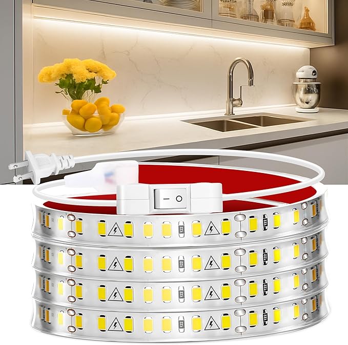 maylit Under Cabinet Strip Lighting Plug in 72in, Ultra Bright Small LED Light Bar, 2700K Warm White, Wired Lights for Kitchen Cabinet, Counter, Workbench, Desk, Closet, Shelf, Indoor