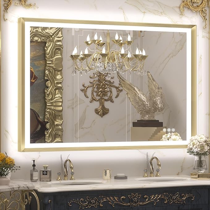 TETOTE Gold LED Bathroom Mirror with Lights 40x32 Front & Back Light Vanity Framed Mirror Baroque Anti Fog Dimmable White/Warm/Natural,CRI90+,Waterproof,Wall Mounted(Horizontal/Vertical)