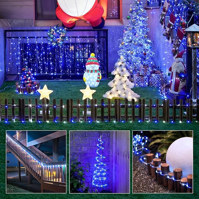 JMEXSUSS 2 Pack Rope Lights Battery Operated Christmas Lights Outdoor, Total 200LED 66ft 8 Modes Battery Powered String Lights with Remote, Blue and White String Light for Christmas Decor