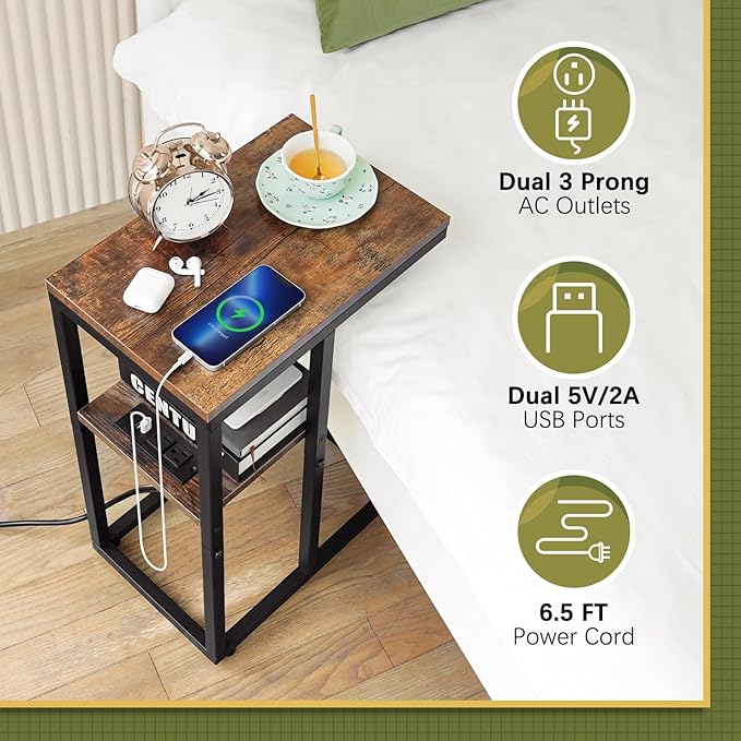 Yoobure C Shaped End Table with Charging Station, Small Side Table for Sofa，26" Tall Tv Tray Couch Table with Storage,Bedside Table with USB Ports and Outlets for Living Room, Bedroom, Rustic Brown