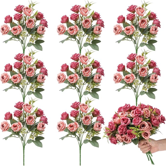 Zeyune 8 Pack 12 Inch Wedding Bouquets for Bride Bridesmaid Pastel Pink and Pale Pinkish-Grey Artificial Rose Bouquet Fake Silk Roses Flowers Bunches Bulk for Home Office Garden Parties Decoration