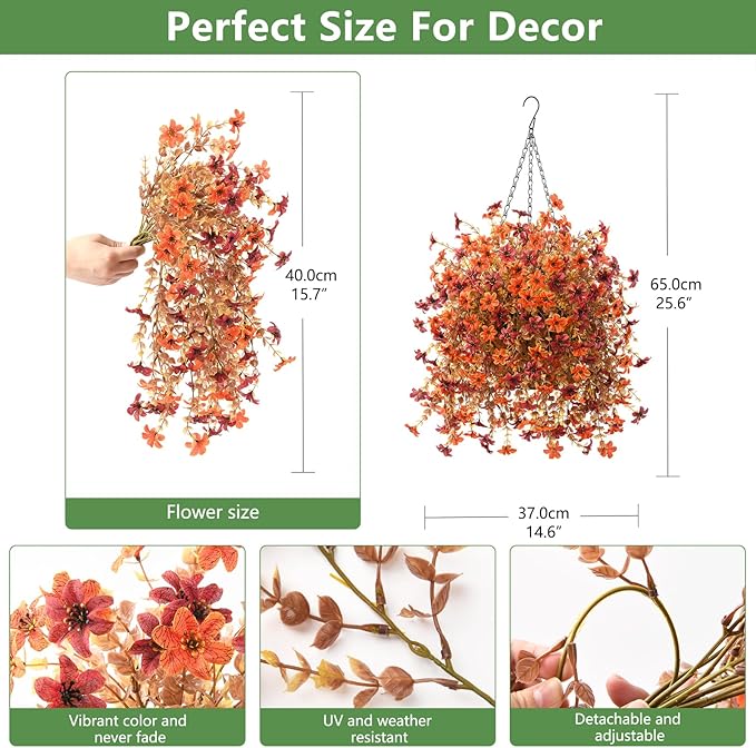 INQCMY Fall Artificial Faux Hanging Flowers Plants Basket for Outdoor Outside Decoration,Fake Silk Daisy in Planter Realistic UV Resistant for Home Porch Balcony Patio Yard Autumn Decor（Orange Brown）