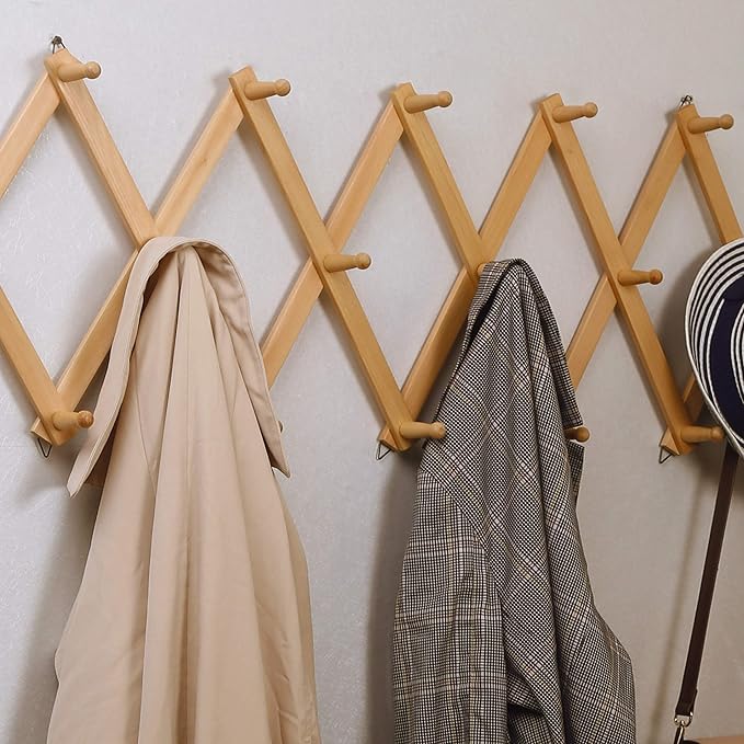 SKOLOO Hat Rack for Wall with 14 Hooks, Pack of 2, Solid Wooden, Modern, Expandable Coat Rack Wall Mount for Coats, Hats, Bags, Baseball Caps, Natural Color