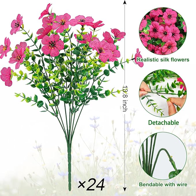 Ouddy Decor 24 Bundles Artificial Flowers for Outdoors Fake Silk Flowers UV Resistant Faux Plastic Plants for Spring Summer Garden Porch Window Box Table Vase Home Indoor Outdoor Decoration, Rose Red