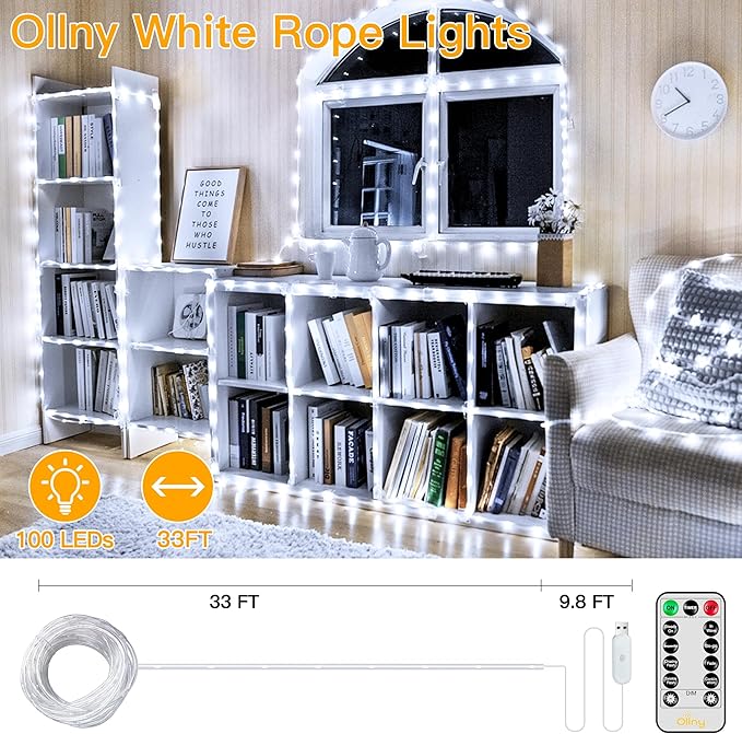Ollny 100 LED Remote Control Rope Lights, 33FT USB Power Cool White String Lights, 8 Modes IP68 Waterproof Timer Fairy Lights for Bedroom Indoor Party Wedding Decor