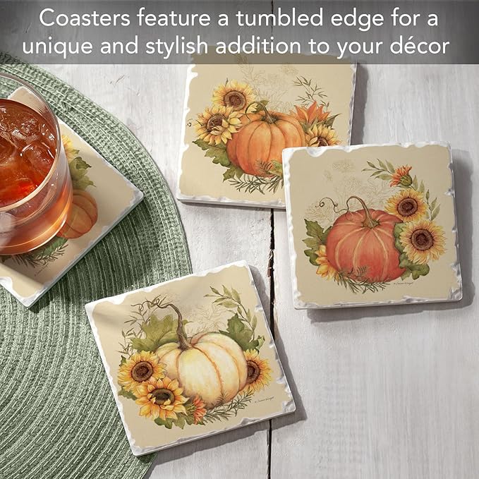 Thirstystone Harvest Field 4 Pack Assorted Tumbled Tile Stone Coasters with Protective Cork Backing 4" Square Manufactured in The USA