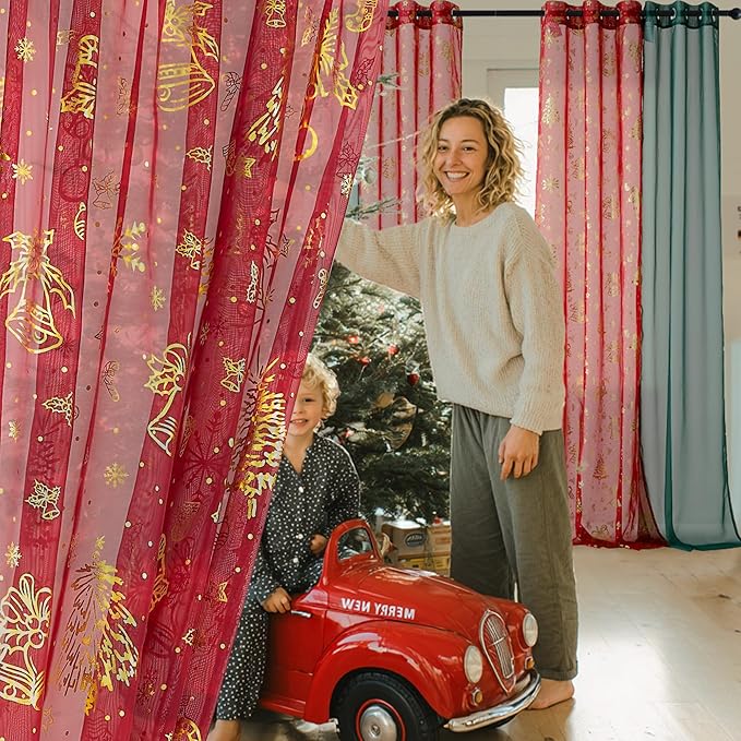 NICETOWN 4 Pieces Christmas Curtain Bundle, 2 Pieces W29xL84 Green Sheer Curtains & 2 Pieces W40xL84 Gold - Foil Stamped Drapes, Elevate Your Holiday Decor