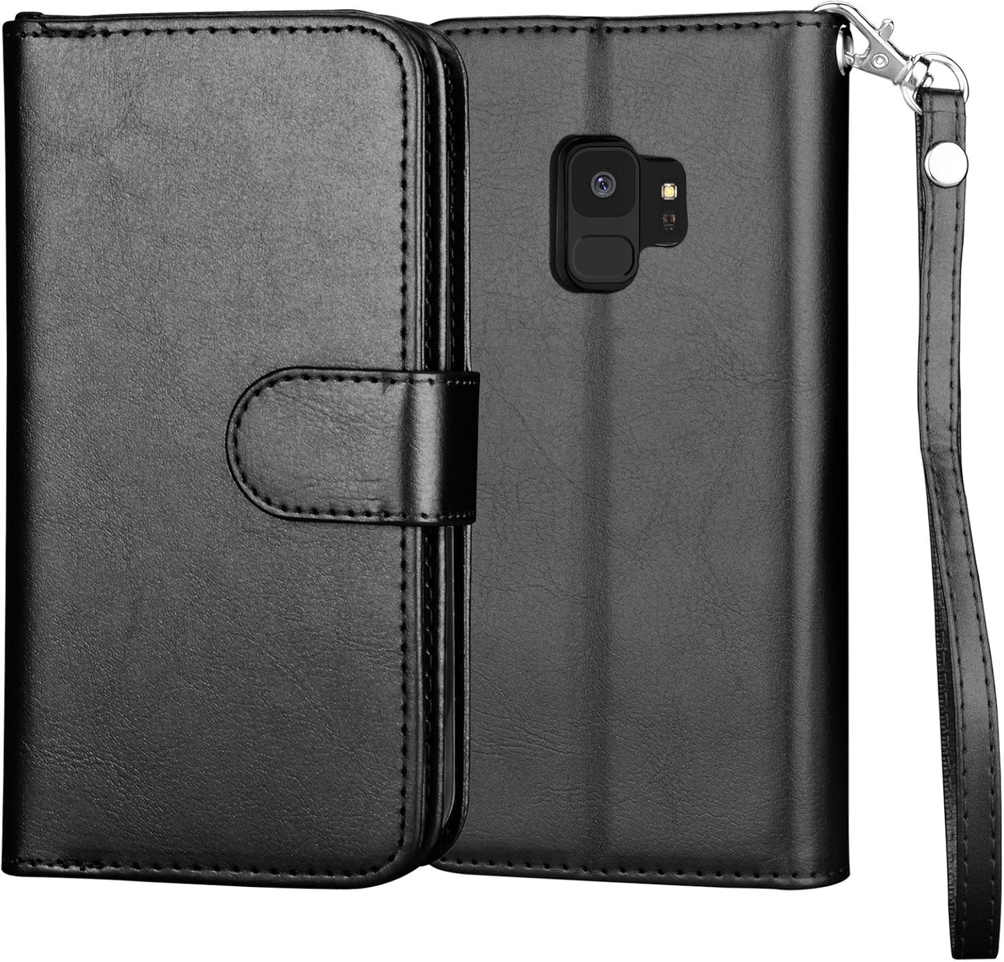 NJJEX PU Leather Wallet Case for Galaxy S9, Magnetic Folio Flip Cover, 9 Card Slots, Kickstand, Wrist Lanyard, Black