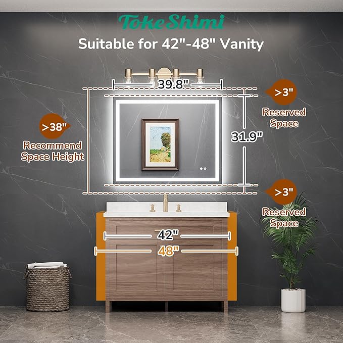 TokeShimi 40x32 Lighted Mirrors for Bathroom Wall,Backlit + Front lit LED Mirror for Bathroom,Dimmable 3-Color,Anti-Fog,Memory Function,Tempered Glass.Shatterproof,Waterproof,UL Listed