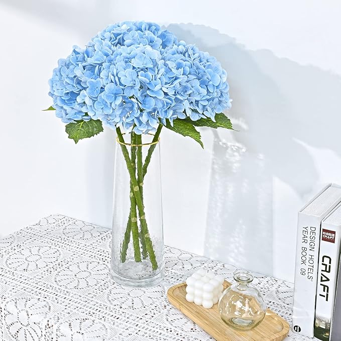 Waipfaru 4 PCS Hydrangea Artificial Flowers, Real Touch Blue Hydrangea Artificial Flowers, Full Latex Fake Hydrangeas for Home Decor Party Floral Arrangements Wedding Bouquets Centerpieces