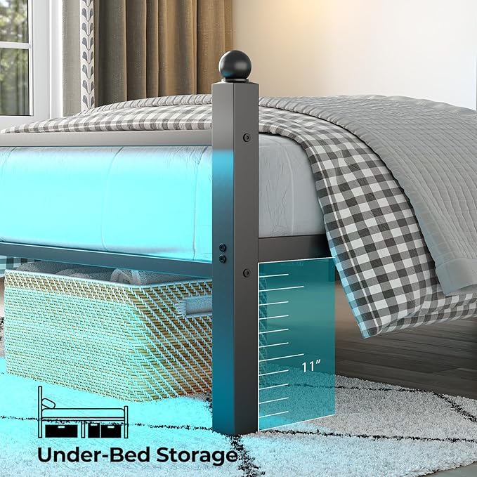 Full Bed Frame with Headboard and Footboard, Metal Bed Frame with Charging Station and LED Lights, Under Bed Storage, No Box Spring Needed,Noise Free, Black