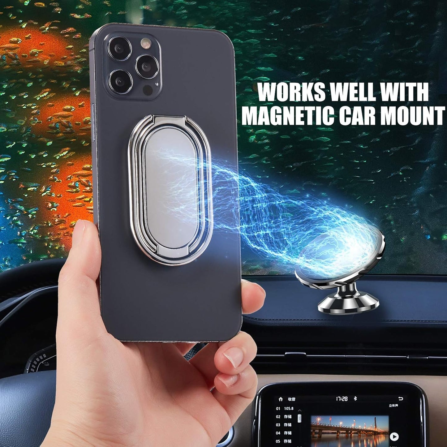 Phone Ring Holder, Foldable Finger Kickstand with 360° Rotation Metal Grip for Magnetic Car Mount Compatible with