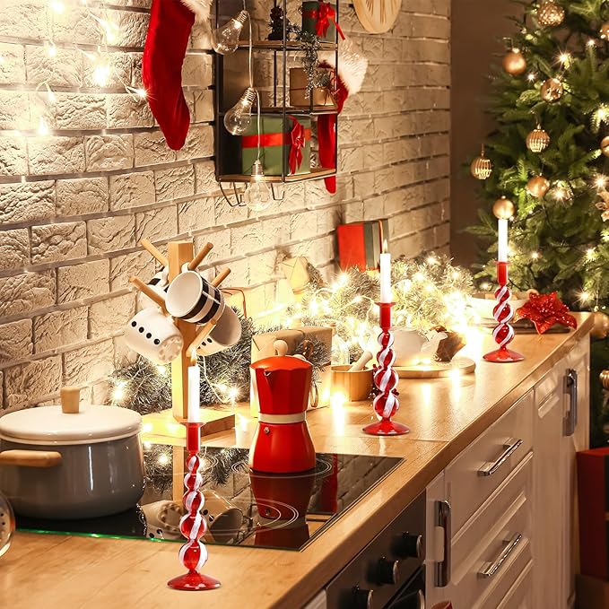 Mumufy 3 Pcs Red and White Christmas Glass Candlestick Holders Christmas Ball Glass Taper Candle Holder Stick Decor for Xmas Holiday Wedding Home Table Centerpiece