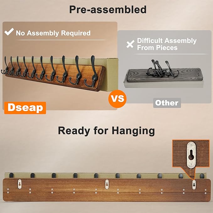 Dseap Coat Rack Wall - Heavy-Duty 38-1/4" Long, with Reinforced 10 Custom Tri-Hooks, Solid Wood Wall Hanger for Coats Hat Jackets - Rustic Farmhouse Entryway Storage, Natural & Black, Pack of 2