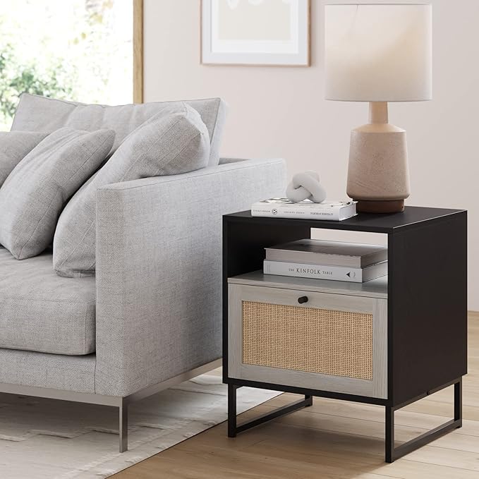 Nathan James Mina Rattan Wood End Side Accent Table Nightstand with Storage for Living Room or Bedroom, 1, Black Oak/Black