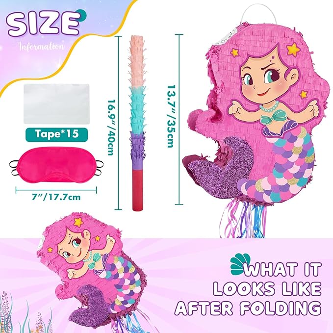 WERNNSAI Foldable Mermaid Pinata - Pull String Mermaid Birthday Party Supplies Extendable Mermaid with Blindfold Bat and Tassels Mermaid Party Decoration Folding Mermaid Girl Piñatas for Game