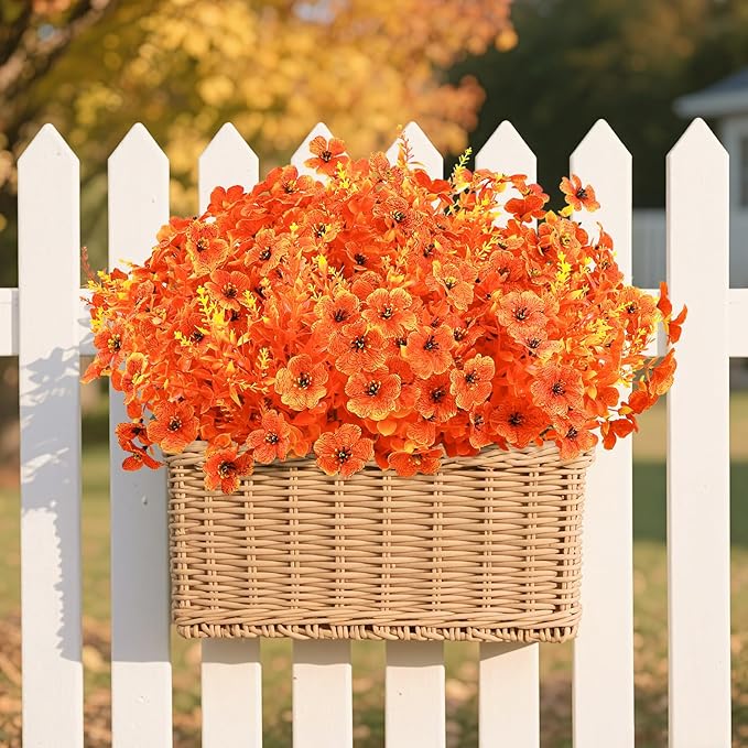 SHareconn 24 Bundles Artificial Fall Flowers for Outdoors Decoration, UV Resistant Silk Eucalyptus Lavender Faux Autumn Fake Plants for Outside Indoor Garden Yard Porch Home Decor, Sunset Red Orange