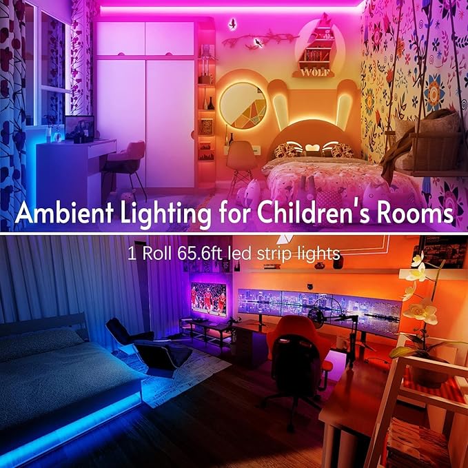 TJOY 65.6ft Kids Bluetooth LED Strip Lights, Music Sync Tape Lighting RGB Color Changing Lighting with Penguin Style Remote, APP Control, LED Lightis for Bedroom, Room DIY (APP+Remote+Mic)