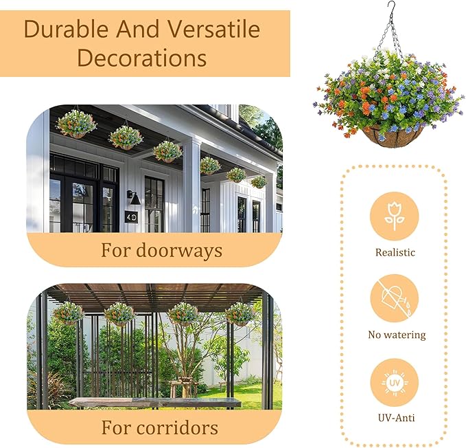 Artificial Hanging Flowers Basket for Outdoor, 16 Fake Flowers Look Real UV Resistant, Faux Hanging Plants for Porch, Balcony, Patio, Garden, Spring Summer Decor,MixA