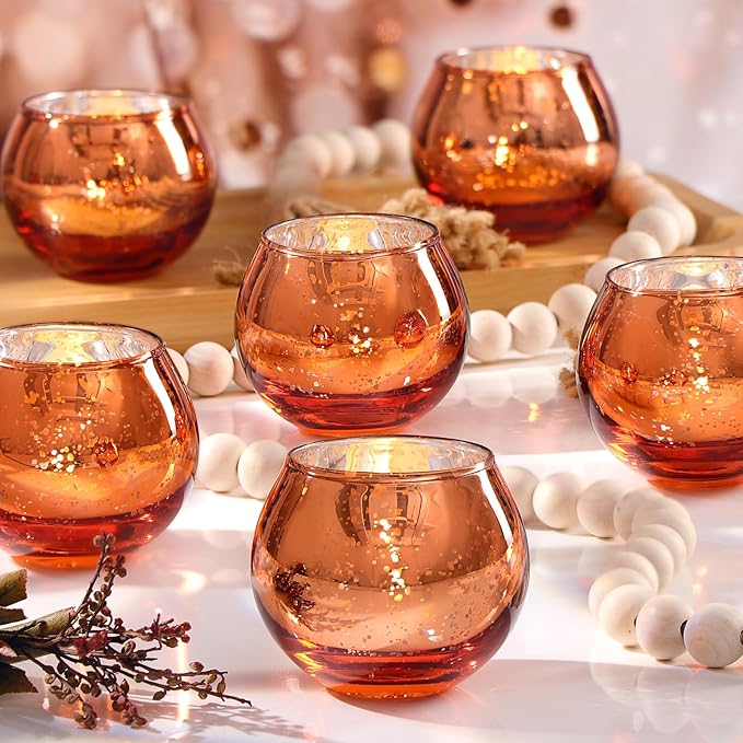 LAMORGIFT 24 Pcs Fall Tealight Candle Holders- Mercury Votive Candle Holders for Burnt OrangeTable Decorations, Terracotta Decor Glass Votives for Fall Party Boho Wedding Table Centerpieces
