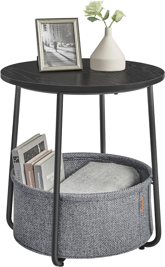 VASAGLE LILEA Collection - Small Round Side End Table, Modern Nightstand with Fabric Basket, Ebony Black and Slate Gray ULET223B01