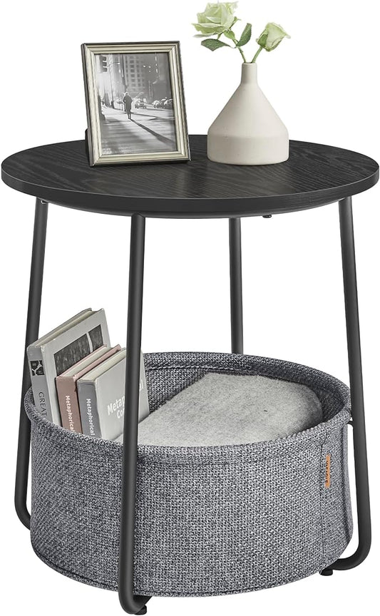 VASAGLE LILEA Collection - Small Round Side End Table, Modern Nightstand with Fabric Basket, Ebony Black and Slate Gray ULET223B01