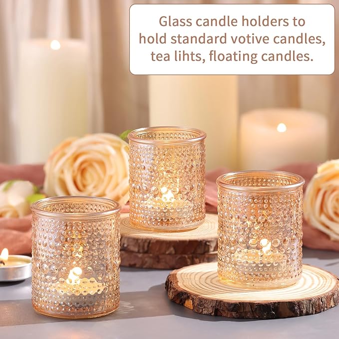 15Pcs Glass Votive Candle Holders, Gold Tea Light Candle Holders Vintage Fall Tealight Candle Holder Bulk for Autumn, Thanksgiving Table Centerpieces, Christmas Decor (Gold)