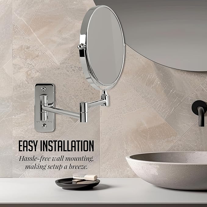 OVENTE 7" Wall Mounted Makeup Mirror with 1X/10X Magnification, Double Sided Magnifying Round Bathroom Vanity Mirror, 360° Swivel Design, Extendable and Folding Arm, Polished Chrome MNLFW70CH1X10X