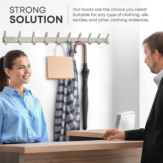 Coat Rack Wall Mount – Brushed Nickel 30 Inch Stainless Steel Hook Rail with 10 Heavy Duty Double Coat Hooks – Wall Mounted Coat Hanger for Entryway, Bathroom, Bedroom, Towel, Hat Organizer - 2 Pack