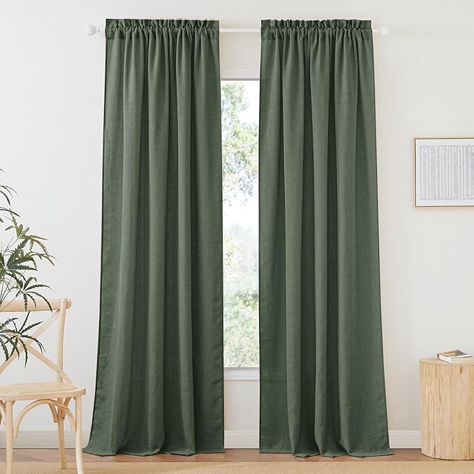 RYB HOME Green Linen Curtains 84 inches Long for Living Room Kids Room, Light Filtering Privacy Protection Home Decor 2 Panels Set for Sliding Glass Door, W 52 x L 84 inches, Hunter Green