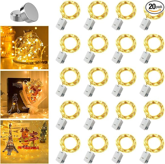 20 Pack Fairy Lights Battery Operated - 3 Speed Modes, 7Ft 20 LED String Twinkle Lights, Waterproof Copper Wire, Mini Firefly Light for Mason Jars Vases Christmas Decor, Warm White