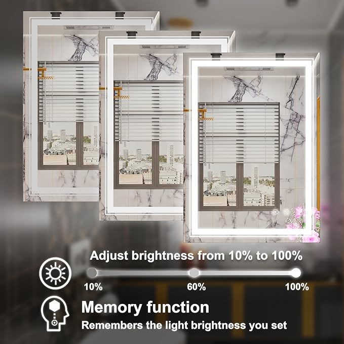24 x 32 Inch LED Bathroom Mirror with Lights, Lighted Bathroom Vanity Mirrors for Wall, Wall Mounted, Stepless Dimmable, Anti-Fog, Memory Funtion, Horizontal or Vertical