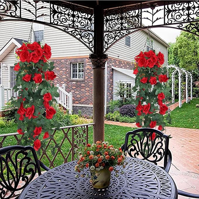 RECUTMS Hanging Rose Flowers Artificial Vine PlantsFlower Garland for Home Room Garden Wedding Indoor Outdoor Decoration (Red)