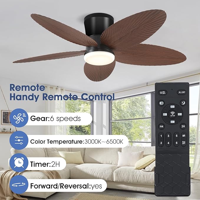 Palm Leaf Ceiling Fans with Lights-42 Tropical Ceiling Fan with Light and Remote/APP Control,Flush Mount Low Profile Ceiling Fans for Bedroom,Indoor/Outdoor Patio Use(Brown)