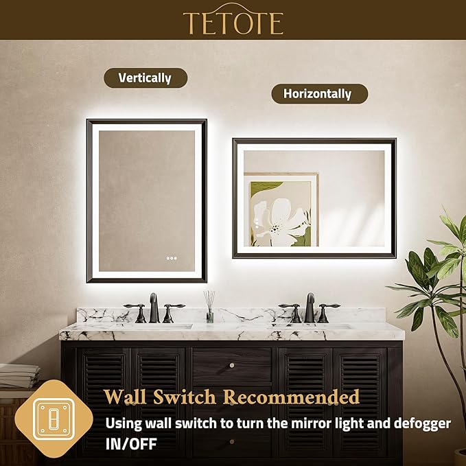 TETOTE Black LED Bathroom Mirror with Lights 42x36 Front & Back Light Vanity Framed Mirror Baroque Anti Fog Dimmable White/Warm/Natural,CRI90+,Waterproof,Wall Mounted(Horizontal/Vertical)