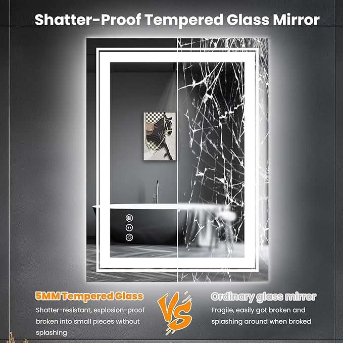 LED Bathroom Mirror, 20"x28" Mirror with Front and Backlit, Anti-Fog, Bathroom Vanity Mirror for Wall, Memory, Stepless Dimmable, Tempered Glass (Horizontal/Vertical)