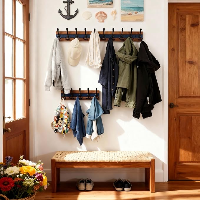 SKOLOO Rustic Wall Mounted Coat Rack - 17" Long Coat Hooks for Wall with 5 Triple Hooks for Hanging Coats, Hats or Tools, Western National Parks Collection, Wood Brown & Blue